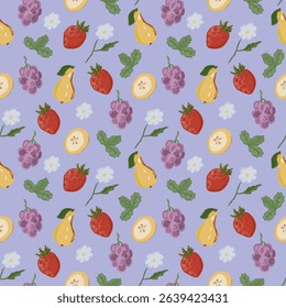 This repeat pattern features strawberries, pears, grapes, and small white flowers set against a soft periwinkle background. Perfect for backgrounds, textiles, or designs needing a cheerful