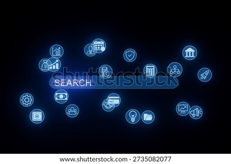 This scene features a high-tech digital interface filled with various glowing icons and a prominent search bar. It represents activity related to data analysis and exploration during the nighttime.