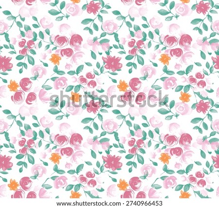 This is a seamless flower pattern with hand-painted style small roses, complemented by green leaves and accentuated with orange and pink blossoms, ideal for textiles, stationery or digital backgrounds.