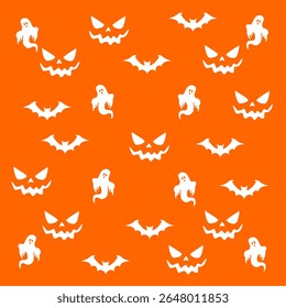 This seamless Halloween pattern features white spooky elements such as bats, ghosts, and creepy jack-o'-lantern faces on a vibrant orange background