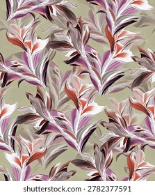 This seamless, modern tropical pattern features layered, abstract Heliconia-like blooms on a muted sage-green base. It showcases dynamic brushstrokes in shades of plum purple, terracotta red, and crisp white, creating a fluid, dimensional aesthetic.