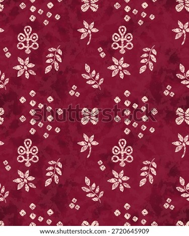 This seamless pattern features a charming, artisan-inspired collection of ethnic botanical motifs, drawing inspiration from traditional hand-block printing and Ajrakh textiles,distressed, weathered texture,richly mottled, tonal background
