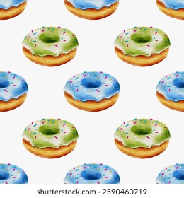 This seamless pattern features delightful watercolor donuts in green and blue, ideal for fabric, wallpaper, and decor.