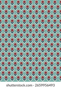 This seamless pattern features stylized red blooms with cream accents and leafy green stems, arranged in a symmetrical diamond-shaped grid over a soft green base. The combination of warm tones and cle