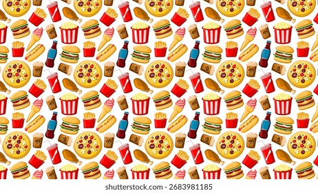 This seamless pattern features a variety of fast food items, including burgers, pizza, fries, and more. Perfect for food lovers or anyone who enjoys a quick and tasty meal.