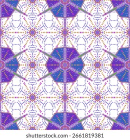 This seamless pattern radiates joyful elegance with a starburst layout and heart-shaped dots. The interplay of purple, blue, and gold creates a vibrant yet sophisticated composition. Geometric symmetr