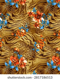 This seamless textile pattern features a bold combination of wild animal prints and vibrant floral elements. The background blends tiger stripes and leopard spots in warm golden-brown tones, creating a luxurious and exotic appearance. Scattered across the surface are large orange-red blossoms, delicate clusters of small orange flowers, and vivid blue leaves that provide a striking contrast against the earthy background.