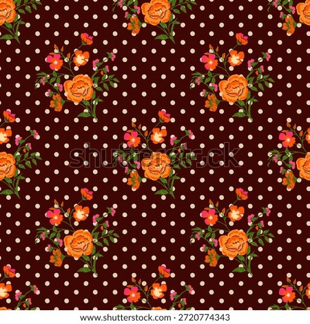 This seamless vintage pattern combines delicate floral bouquets with a classic polka dot backdrop. Featuring intricate botanical illustrations and a refined repeat layout, it is ideal for elegant textiles, sophisticated wallpaper