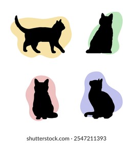 This set features a variety of black cat silhouettes in different poses and colored backgrounds, creating a simple yet stylish design. - Powered by Shutterstock