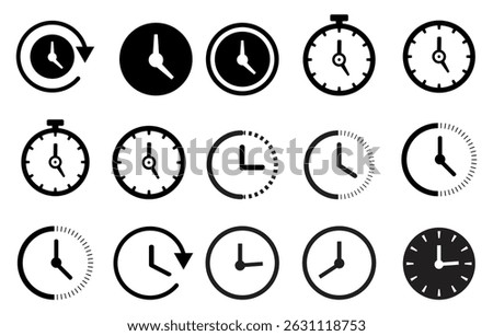 This set features a variety of clock representations, from timers to cycle arrows, all in stark black against a clear backdrop. It represents deadlines and progress effectively.