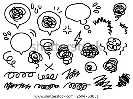 This set of illustrations is a set of globby line drawings that are bothered and bewildered.　These are variations of balloons and symbols for emotions when you are feeling stressed.