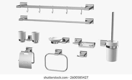This set includes various bathroom fixtures such as towel bars, soap dish, toothbrush holder, and toilet brush, designed for a sleek and modern look.
