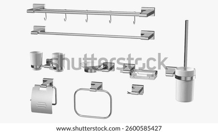 This set includes various bathroom fixtures such as towel bars, soap dish, toothbrush holder, and toilet brush, designed for a sleek and modern look.