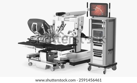 This setup includes a high-tech robotic surgical system equipped with multiple articulated arms for precision operations.