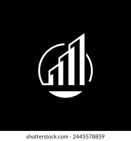 This is a simple flat logo of a building on a circle shape that looks like a graph bar forming a number of 111 for Construction Company in white color on a black background - Powered by Shutterstock