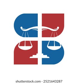 This is a simple flat logo of a letter S in red and blue color with a white justice scale in the middle - Powered by Shutterstock