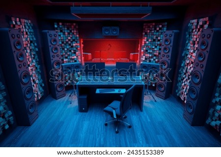 This state-of-the-art recording studio boasts top-notch soundproofing, a sleek mixing console, and dynamic red and blue lighting, setting an innovative tone for audio production.