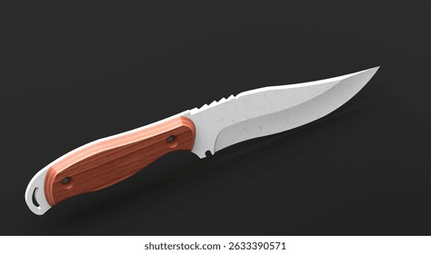 
This striking 3D rendering displays a robust outdoor knife, presented against a stark black background that emphasizes its contours and materials.