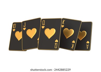 This stunning royal flush, featuring the hearts suit with luxurious gold detailing on a sleek white background, exudes exclusivity and high-class gaming allure. 3D render illustration