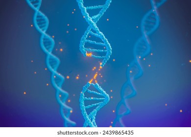 This stunning visualization features a DNA double helix with glowing nodes, symbolizing the intricate dance of genetics and molecular biology set against a deep blue.