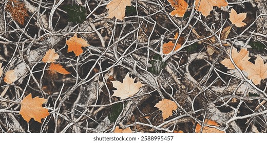 This stylish camouflage pattern features dry branches and leaves, perfect for hunting, military gear, and outdoor fashion. A seamless design for apparel and accessories. Available in JPG format.