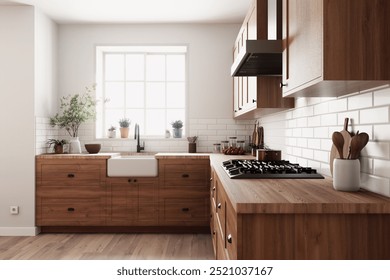 This stylish kitchen features wood cabinetry, natural light, and modern appliances for a warm ambiance. 3d render. 3D Illustration