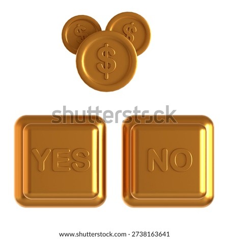 This stylized three-dimensional illustration features three bright golden dollar coins positioned above two metallic rectangular buttons labeled YES and NO, clearly representing a choice, financial decision, or survey response isolated on a white background.