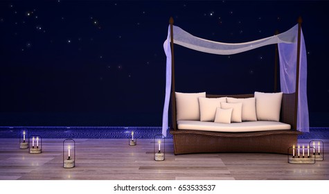This summer is take your planning holiday for Vacation time at resort decoration with Sofa on wood floor and swimming pool and blue sea in dark night sky background , 3d rendering,3d illustration