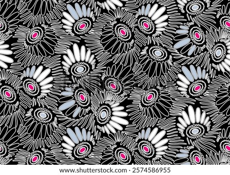 This textile design features a black background with a repeating pattern of abstract floral motifs. The flowers are made up of circles and ovals, with a central dot in pink. 