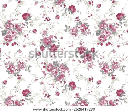 This textile design features a charming arrangement of vibrant flowers in shades of pink, gray, and white. The intricate floral patterns blend elegance and sophistication.