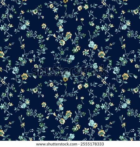 This textile design features a delicate floral pattern on a deep blue background. The design is made up of small, dainty flowers in shades of green, yellow, and white. The flowers are arranged.