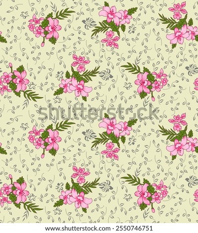 This textile design features a light background with pink flowers and leaves. The flowers are arranged in clusters and have a delicate appearance. The leaves are a darker green color and add a sense.