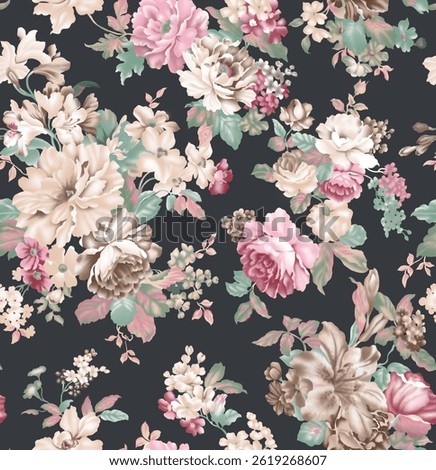 This textile design features a lush arrangement of delicate floral patterns in soft pastel shades, beautifully contrasted against a dark background. The intricate details of the roses, lilies.