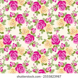 This textile design features a seamless pattern of pink and yellow roses with green leaves on a cream background. The roses are arranged in a whimsical and elegant way, creating a beautiful and romant - Powered by Shutterstock