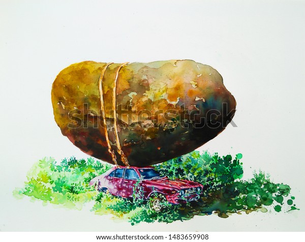 This unique object\
is an overload car, a very big stone on an old sedan. This painting\
is watercolor\
technique.