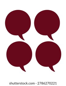 This vector illustration features a collection of four uniform, circular speech bubbles arranged in a clean grid layout. The icons are rendered in a bold, solid deep maroon color, offering a professional and versatile aesthetic suitable for various digital and print applications. These speech bubbles serve as an excellent visual tool for representing communication, dialogue, commentary, messaging, or interactive feedback. Their simple, flat design allows for seamless integration into user interface (UI) designs, educational infographics, social media content, customer service layouts, or any project requiring a clear indicator of speech or information exchange. With their symmetrical arrangement and high-contrast, minimalist appearance, these icons effectively draw attention to key points, text, or notification areas in a professional and organized manner.
