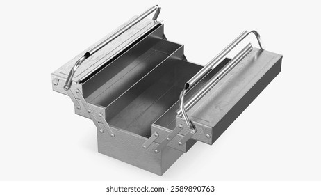 This versatile metal toolbox features foldable compartments and sturdy handles, ideal for organizing tools securely.