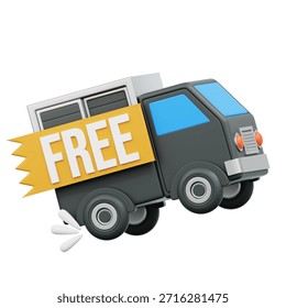 This vibrant 3D render features a stylized dark grey delivery truck prominently displaying a 'FREE' banner. Ideal for conveying complimentary shipping, special offers, or promotional services in ecommerce and marketing materials.