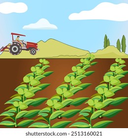 This vibrant illustration captures a tractor actively cultivating a lush potato farm under a clear blue sky. Showcasing the daily life of agriculture - Powered by Shutterstock