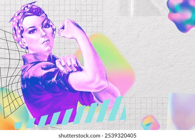 This vibrant illustration features a strong woman, embodying empowerment and resilience showcases strength, with a retro collage style and colorful abstract enhancing the theme of empowerment. - Powered by Shutterstock