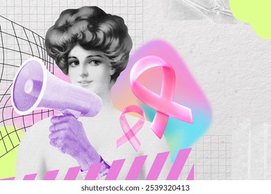 This vibrant illustration features a woman with a megaphone, promoting awareness with pink ribbons. The pink ribbons symbolize support for breast cancer awareness campaigns. - Powered by Shutterstock