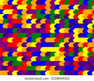 This vibrant image features interlocking, zigzagging arrows in bold colors like red, blue, yellow, green, and purple. The geometric pattern creates a striking, eye-catching effect with a lively rhythm