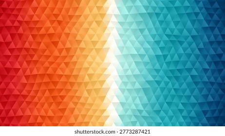 This vibrant rasterized illustration features a geometric low-poly pattern transitioning seamlessly from warm red orange tones to cool blue hues.