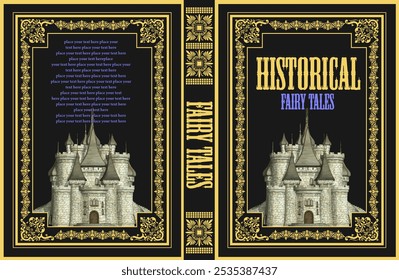 This vintage book cover design is featuring a majestic castle and elegant golden frame, evoking a sense of wonder and adventure. No AI - Powered by Shutterstock