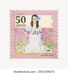 This vintage postage stamp features a young Caucasian girl in a white dress, surrounded by flowers. The stamp is a nostalgic representation of early 20th-century art and design.
