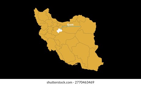 This visual asset a stylized, flat-design map of Iran rendered in a warm golden-yellow hue against a stark, high-contrast black background. The province of Qom is distinctly highlighted in white, standing out from the surrounding administrative regions. A thin, precise line connects the highlighted area to a text label reading Qom, providing clear geographical identification. The composition is clean, minimalist, and infographics, educational or presentations.
