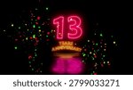 This visual a bright, glowing neon sign displaying the number thirteen, centered against a deep black background. Below the number, the text years anniversary is illuminated in a warm, golden-orange neon glow. The entire scene is surrounded by a dynamic shower of multi-colored confetti pieces in shades of red, green, and yellow, creating a sense of motion and celebration. A soft, blurred reflection of the neon text is visible at the bottom, adding depth to the digital composition.