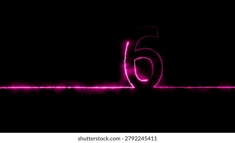 This visual composition showcases a bright, glowing pink neon number six. The digit is rendered as a continuous, flowing line of light that stretches across the horizontal axis, evoking the appearance of an electrical discharge or a digital timer interface. The light exhibits a soft, hazy glow with intense magenta hues, standing out against the stark, pitch-black background. The minimalist emphasizes the form of the number, making it high-tech or artistic digital applications.