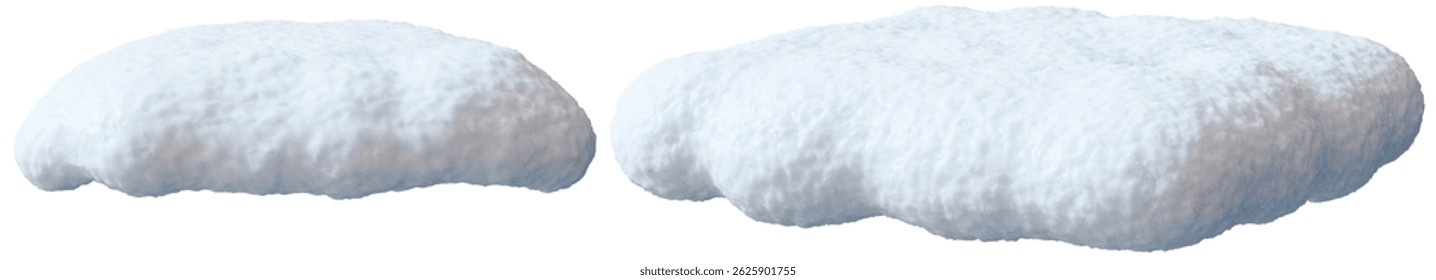 This visual features a snow caps, heaps isolated on white backdrop. It is a 3D render presenting a detailed and realistic depiction of snow in a front view, emphasizing its texture. 3D Illustration