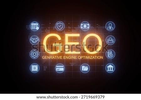 This visual represents generative engine optimization, showcasing various related icons against a dark background. It highlights concepts like analytics, finance, and technology.